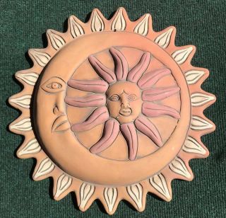 Lg Authentic Vintage Mexican Folk Art Clay Wall Hang Hanging Moon Sun Happy Face