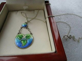 Vintage 925 Sterling Silver Blue Green Enamel Leaf Pendant 18 " Chain Necklace