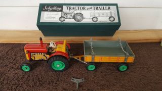Schylling Tractor & Trailer Tin Clockwork Wind - Up Toy With Gear Box