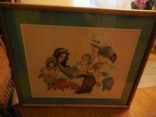 Vintage 3d Stitched Framed Art Of 3 Girls With Dolls Reading By Jim Daly 1985