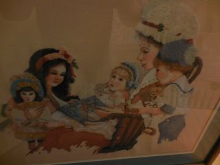 Vintage 3D Stitched framed Art of 3 Girls with Dolls Reading by Jim Daly 1985 2