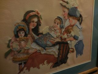Vintage 3D Stitched framed Art of 3 Girls with Dolls Reading by Jim Daly 1985 3