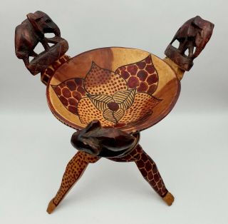African Safari Decor Carved Wood Elephant Sculptures Bowl Stand Hand Painted