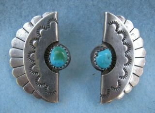 Vintage Sterling Silver Navajo Earrings Folded Design With Turquoise Stones