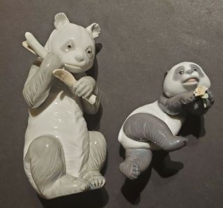 (2) Vintage Lladro Nao Figurines - Panda Bear 6.  5 " Holding Bamboo & Joyful Panda - Ae