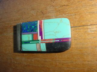 Vintage Zuni Indian Silver Turquoise Coral Shell Money Clip
