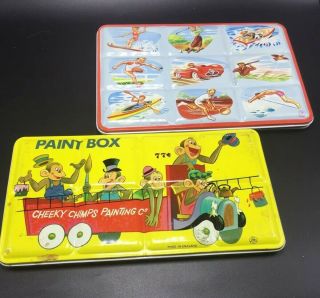 Two Wonderful Vintage Tin “page London Paint Boxes” Made In England Fab Graphics