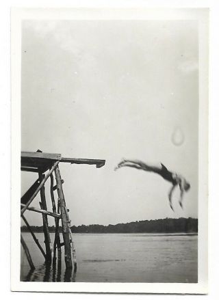 Blurry Man Mid Air Dive 1920s Vintage Snapshot Photo