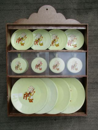 Vintage 1970s Tin Toy Tea Set Dishes W China Hutch Cabinet