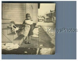 Found B&w Photo H_6433 Little Girl Holding A Doll,  Dog Sniffing At Blanket