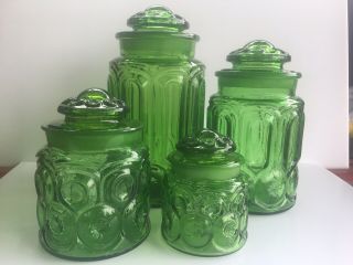 4 Le Smith Green Moon And Stars Canister Set W/ Lids Vintage