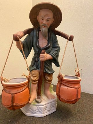 Vintage 12” Porcelain/ceramic Old Man Carrying Water Buckets Figurine
