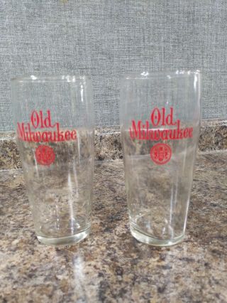 2 Vintage Old Milwaukee Beer 24 Oz.  Red Logo Glass