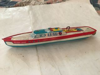 Vintage J.  Chein & Co Early Wind Up Tin Litho Peggy Jane Speed Boat - 14 1/2 "