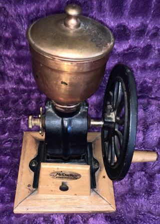 Vintage Mr Dudley International Coffee Grinder Cast Iron Big Wheel Copper Hopper