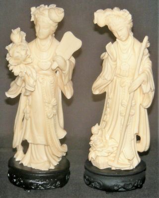 2 Vintage Ivory Color Carved Resin Chinese Women Figurines Statues 7 1/2 "