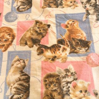 Vintage Blanket Cats Kittens Playing With Balls Of Yarn Pink Blue 72 X 90