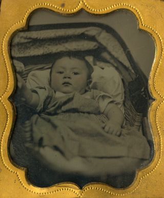 1860s Newborn Baby In Pram 1/6 Plate Ambrotype