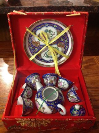 Nib Small Porcelain Tea Set From Hong Kong Blue W/ Flowers