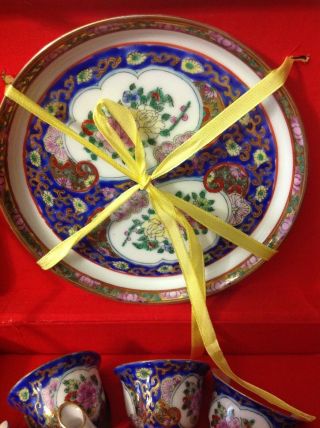 NIB Small Porcelain Tea Set From Hong Kong Blue W/ Flowers 2