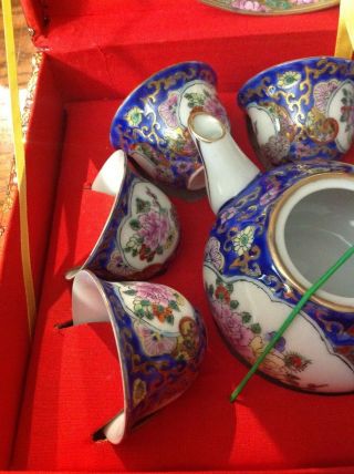 NIB Small Porcelain Tea Set From Hong Kong Blue W/ Flowers 3