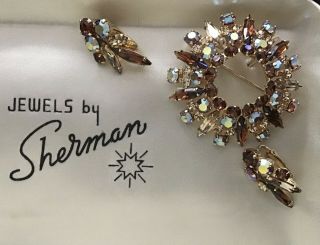Vintage Sherman Amber Aurora Borealis Brooch And Earring Set