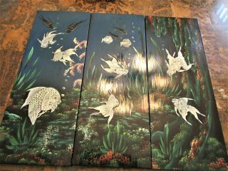 Vintage Oriental Blue Lacquer Mother Of Pearl Wall Art " Under Water Scene "