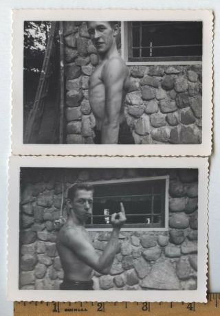 2 Vintage Gay Interest Photos Handsome Shirtless Muscle Man Gives Middle Finger