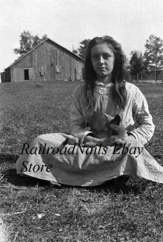 1910s Photo Negative Michigantown Indiana Young Farm Girl Cat And Barn