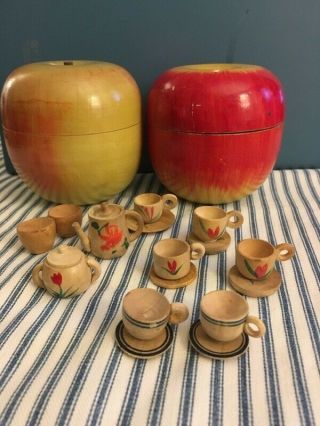 2 1950’s Vintage Japanese Hand - Painted Wooden Apple With Miniature Tea Set