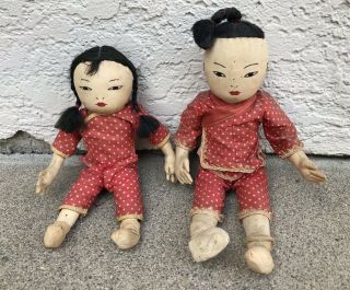 Antique Vintage Chinese Cloth Dolls Embroidered Faces Boy Girl Pair Ada Lum?