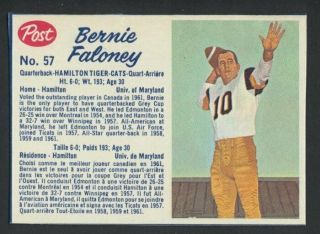 Vintage 1962 Post Cfl Football Card 57 Bernie Faloney Ex/mt,  Hamilton Tigercats