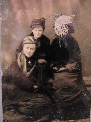 Antique Ferrotype/tintype - Three Woman With Scratch Out - Circa 1890