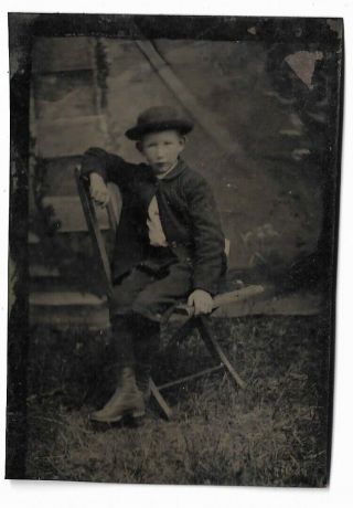 Tintype Photo Little Boy Seated On A Tent Folding Chair,  Outdoor Grass Showing