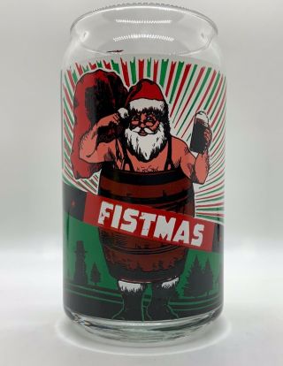Revolution Brewing Fistmas Holiday Ale Beer Glass Chicago Can Shaped Santa