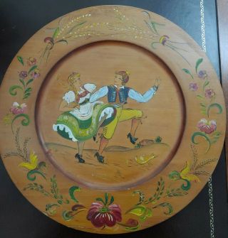 Norwegian Folk Art Signed R Tronbol 1950 Mid Century Painted Wood Plate Platter