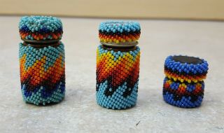 Set Of 3 Hand Crafted Cut Beaded Native American Indian Pill Bottles