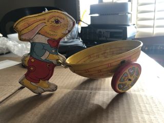 Vintage J.  Chein & Co.  Made In Usa Easter Bunny Pushing Wagon Basket Tin Toy