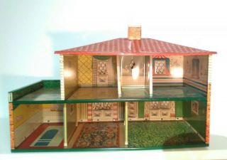 Vintage 1960 ' S T.  Cohen Tudor style 2 Story Doll House with Patio Tin Toy 2
