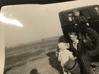 Vintage Photo Ma & kids Dust Bowl Ford Car kid on spare tire CONOCO OIL STICKER 3