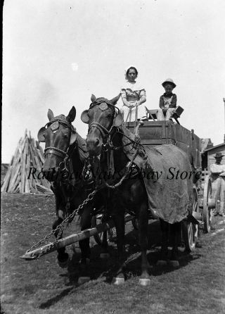 1910s 20s Photo Negative Michigantown Indiana Lady Horses Huge Wagon