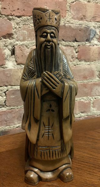Vintage Wood Hand Carved Chinese Wise Man Statue 12” H Unique Detail