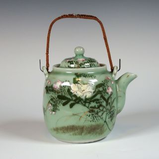 Vintage Hand Painted Japanese Porcelain Celadon Teapot With Bamboo Handle