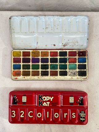 2 Vintage Kopy Kat Paint Box 32 Colors in Metal Box The American Crayon Company 2