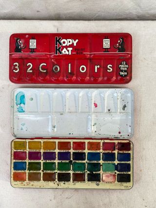 2 Vintage Kopy Kat Paint Box 32 Colors in Metal Box The American Crayon Company 3