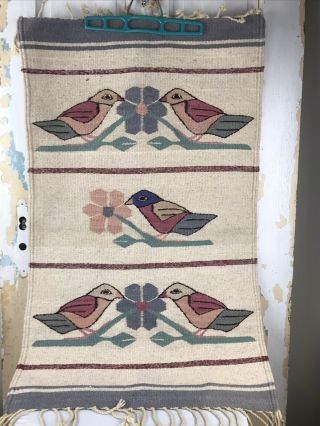 Vintage Wool Southwest Wall Hanging Abstract Bird Boho Chic Textile Fringe 23x38