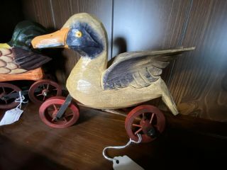 Vintage Hand Carved Wooden & Cast Iron Duck Pull Along Toy. .  Ab