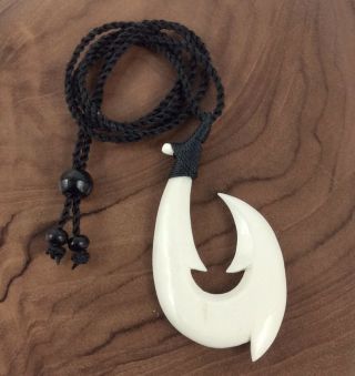 Hawaiian Fishhook Necklace Carved From Buffalo Bone Xlarge 3 " T.  Adjustable Cord.