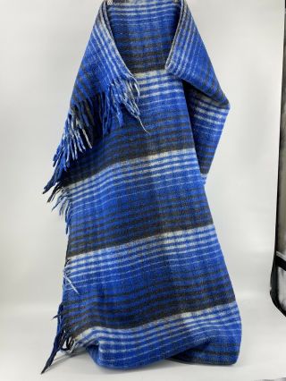 Vintage Mexican Wool Blanket Heavy Fringed Blue & Gray Plaid Natural