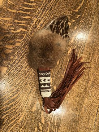 Plains Native American Indian Beaded Fur Leather Smudge Prayer Feather Fan